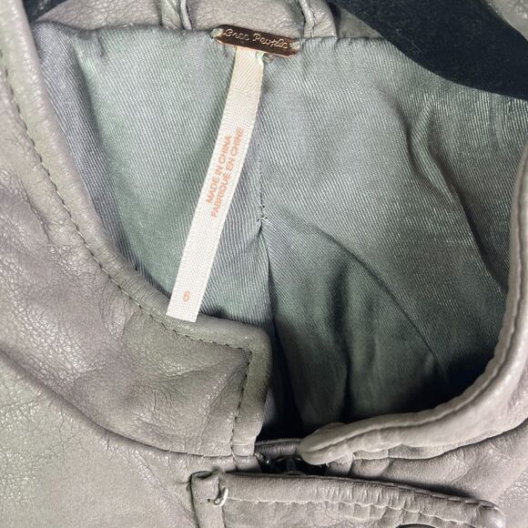 Free People Faux Vegan Leather Moto Jacket 6 Gray Wool Blend Crop Zip Sleeves - Picture 8 of 10